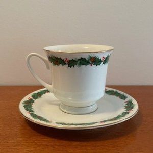 Christmas Holly Coffee Cup and Saucer Set